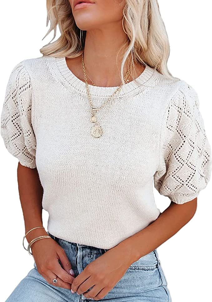 Womens Short Sleeve Sweaters Crewneck Knit Pullover Tops Casual Lightweight Crochet Blouse Shirt | Amazon (US)