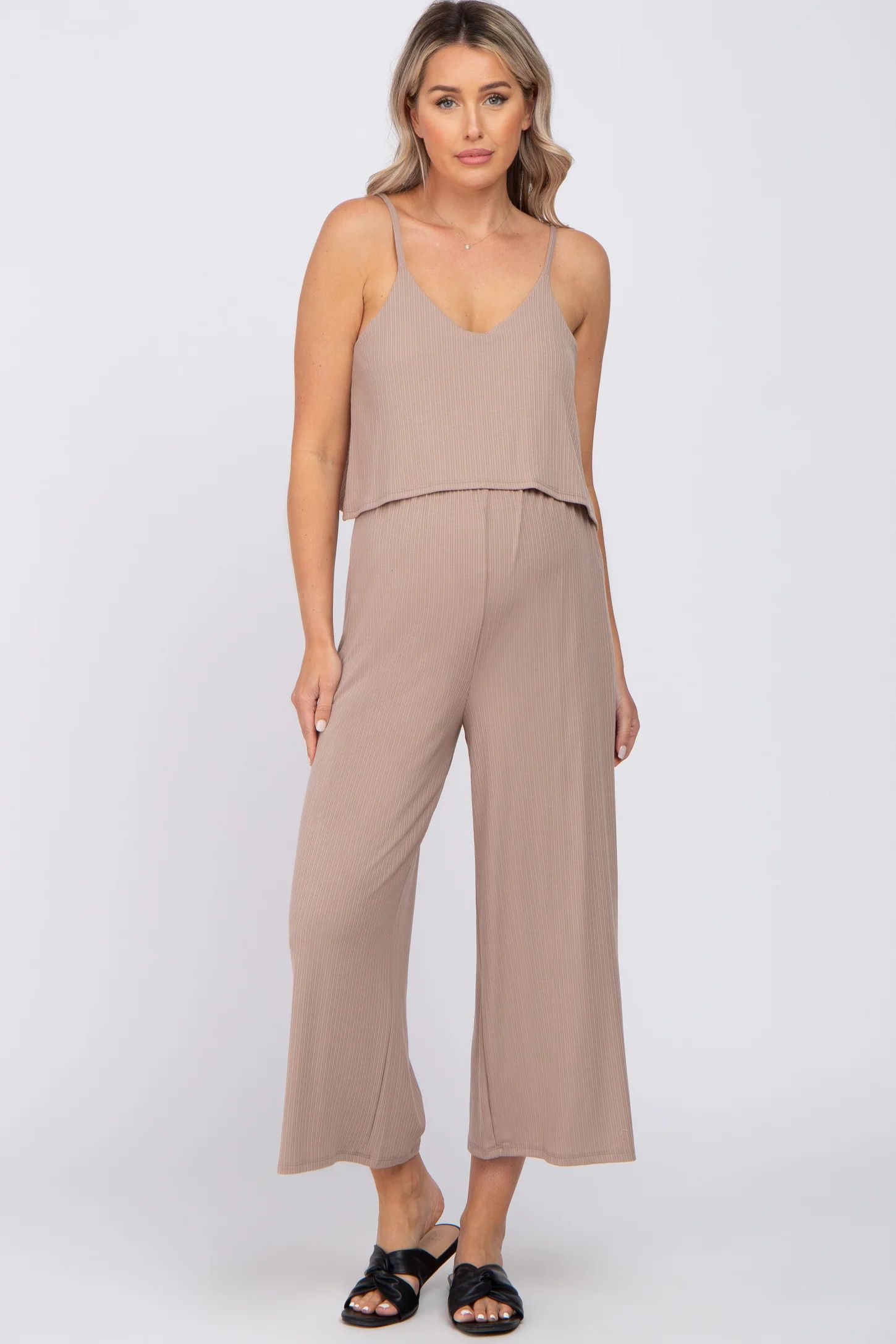 Taupe Ribbed Double Layer Cropped Maternity Jumpsuit | PinkBlush Maternity