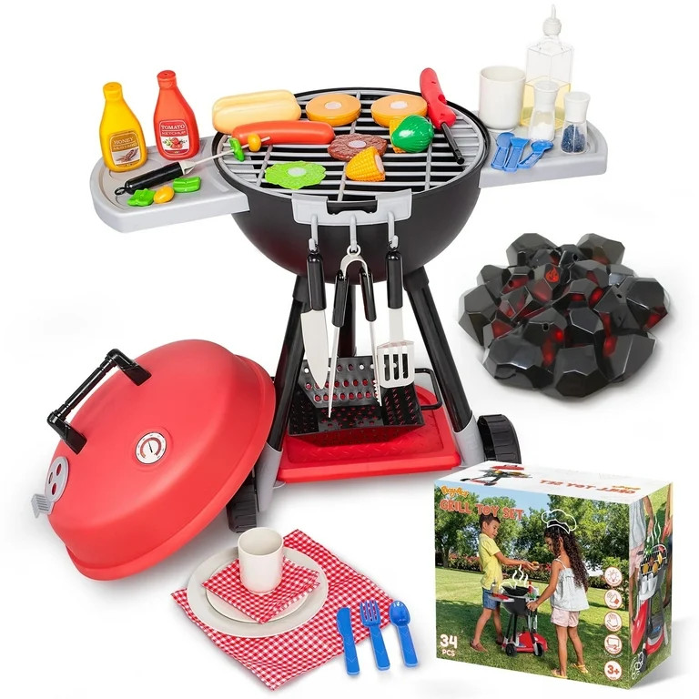 Joyfy 34 PCS Pretend Play Toy BBQ Grill Set for Kids, Kitchen Toy Set with Light & Sound, Little ... | Walmart (US)