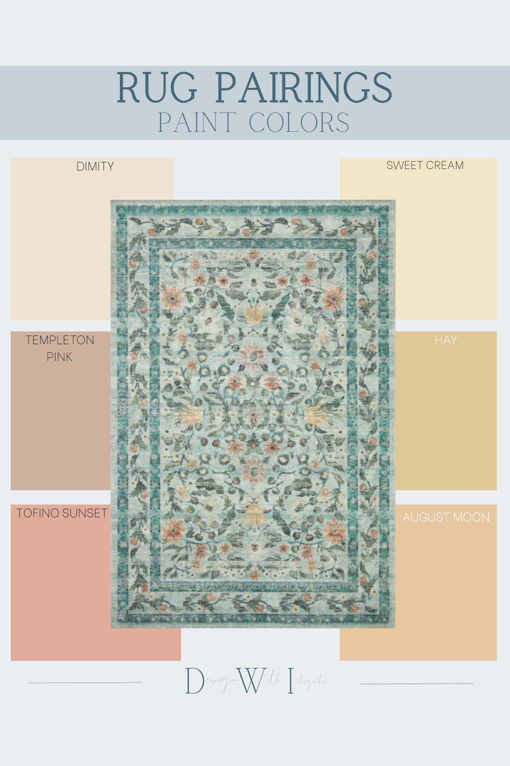 This vintage inspired botanical area rug features layered blue green florals softened with warm peach and golden undertones, creating a beautifully balanced foundation for a collected interior. The intricate pattern adds visual texture without overpowering the space, while the muted palette keeps the look calm and timeless. Dimity and Sweet Cream enhance the rug’s airy background tones, while Templeton Pink and Tofino Sunset echo the subtle floral accents for seamless color harmony. Hay and August Moon ground the palette with warmth, creating a soft, inviting flow throughout the room. A thoughtfully curated rug and paint color pairing designed to feel elegant, cohesive, and lived in. Shop the full look to recreate this palette at home.

#interiordesign
#arearuginspiration
#paintcolorpalette
#layeredinteriors
#timelesshome 

 #LTKHome