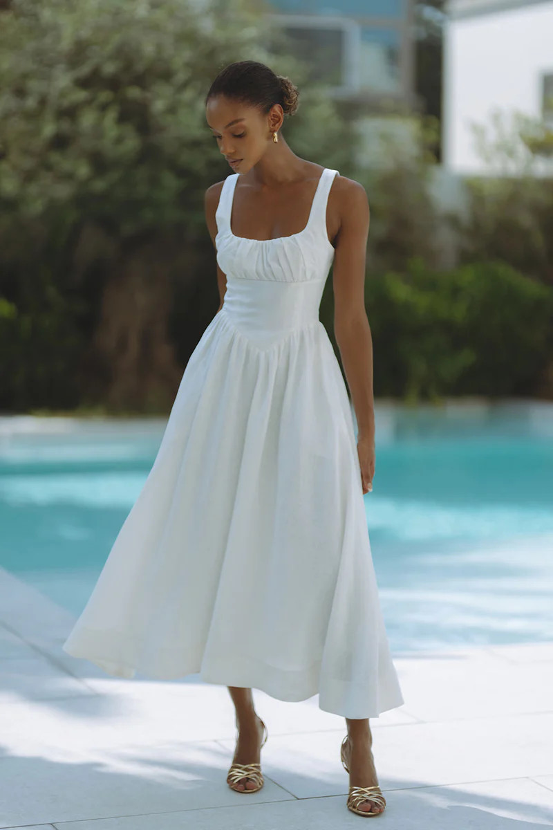 MILANO LINEN MIDI DRESS - OFF WHITE | CHIC LE FRIQUE