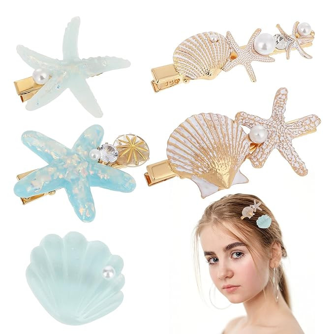 Shell Pearl Starfish Hair Clip Set, 5 Pcs Seashell Hair Clips for Women Resin Beach Starfish Hair... | Amazon (US)