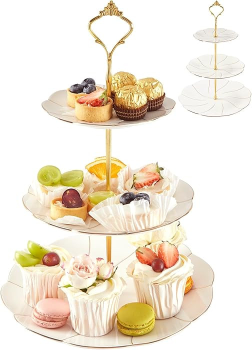 DUJUST Luxury Porcelain 3-Tier Cupcake Stand Tower, British Style Serving Tray with Golden Trim, ... | Amazon (US)