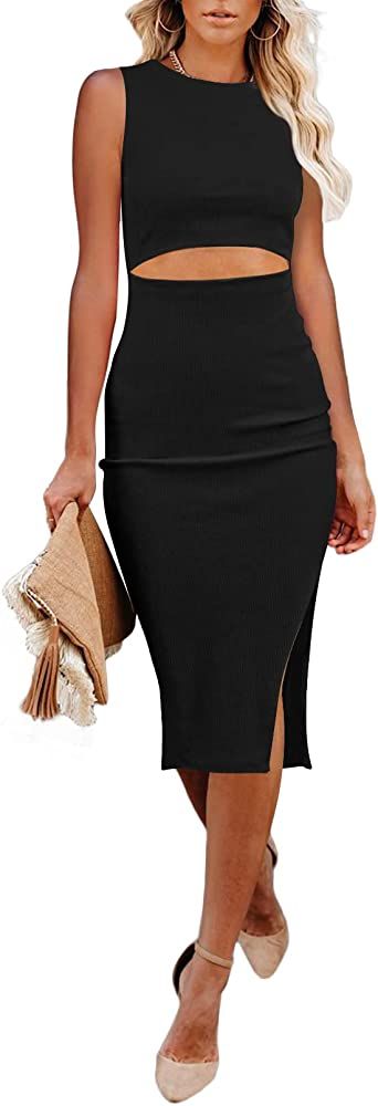 Meenew Women's Sleeveless Long Summer Dress Cutout Midi Bodycon Dress with Slit | Amazon (US)