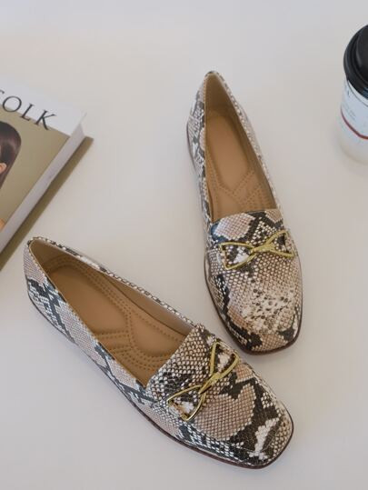 Snakeskin Metal Decor Flat Loafers | SHEIN