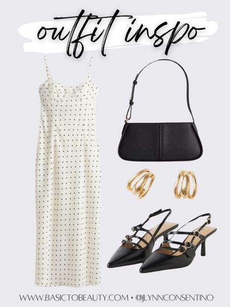H&M Spring Outfit Inspo Under $100 • Polka Dot Dress • Black Hand Bag • Gold Hoop Earrings • Black and Gold Heels 

#LTKstyletip #LTKfindsunder100 #LTKworkwear
