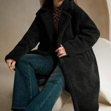Long Black Faux Fur All-Match Collared Overcoat For Plus Size Women | SHEIN