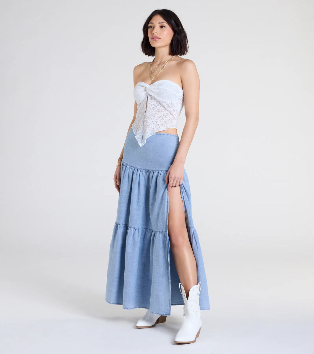 Western Cutie Tiered Chambray Maxi Skirt | Windsor Stores