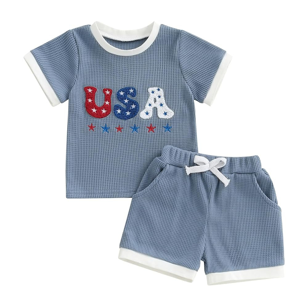 Karuedoo Toddler Baby Boy 4th of July Outfit USA Embroidery Short Sleeve Waffle Knit T Shirt and ... | Amazon (US)