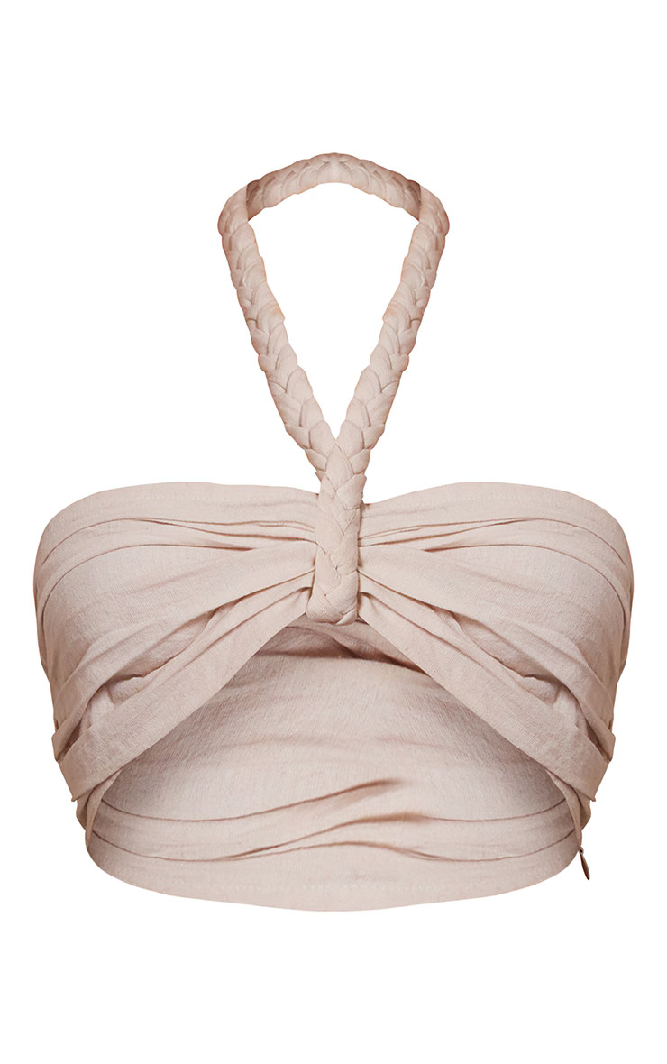 Stone Linen Feel Plaited Halter Bralette | PrettyLittleThing US