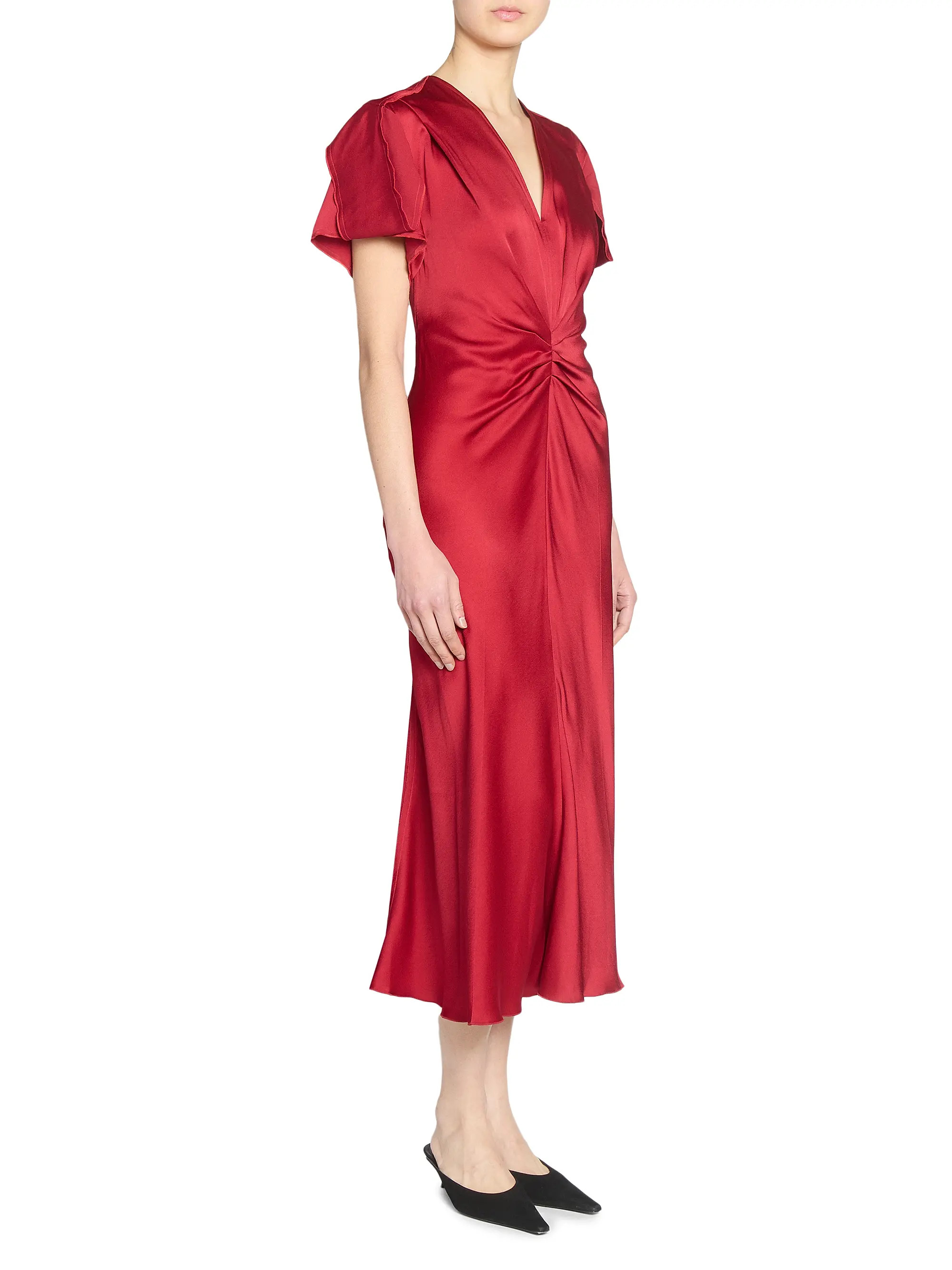 Satin Gathered V-Neck Midi-Dress | Saks Fifth Avenue