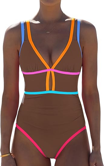 popvil Women One Piece Swimsuit 2026 Tummy Control Sexy Cutout Neon Color Block Bathing Suit Slim... | Amazon (US)