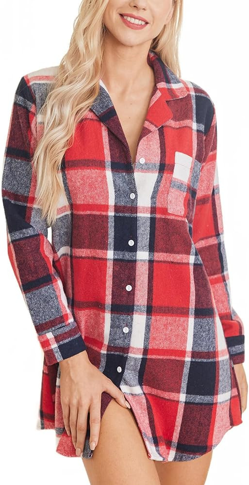 Ekouaer Womens Cotton Nightgowns Button Down Sleepshirt Long Sleeve Plaid Night Shirt Casual Boyf... | Amazon (US)