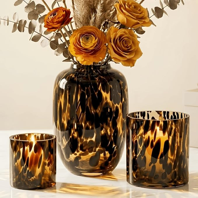Amber Tortoise Shell Glass Centerpiece Set, Hand Blown Vase & Candle Holders, 3 Piece Warm Luxury... | Amazon (US)