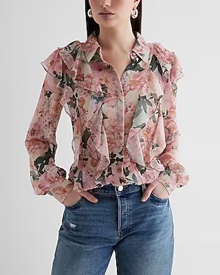 Relaxed Floral Ruffle Front Portofino Shirt | Express (Pmt Risk)