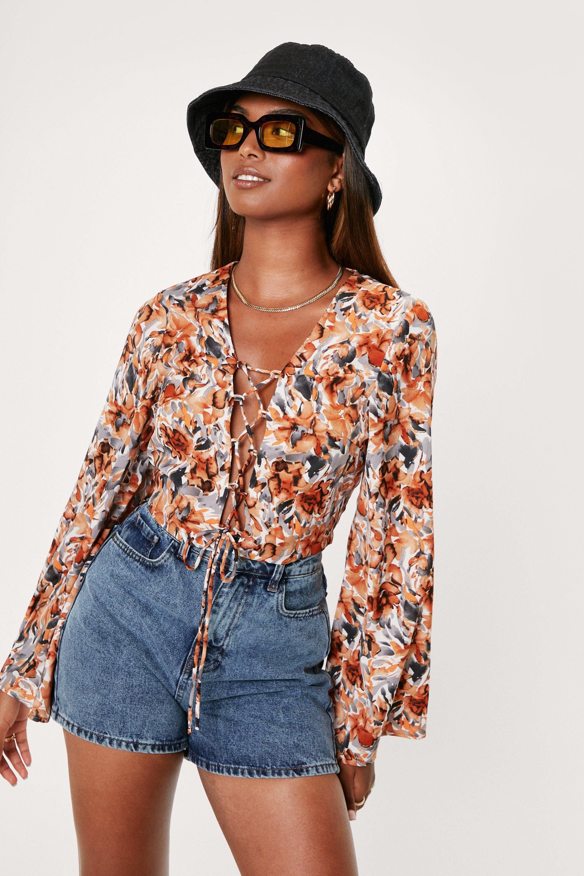 Floral Print Lace Up Long Sleeve Blouse | Nasty Gal (US)