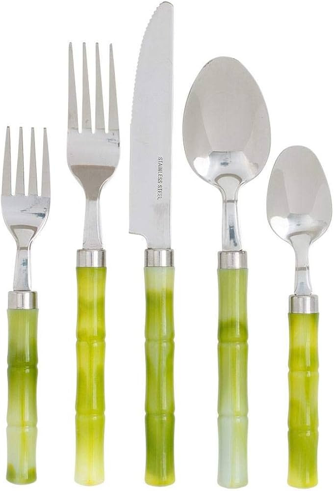 Caspari Bamboo Handle 5-Piece Stainless Steel Picnicware Set in Green | Amazon (US)
