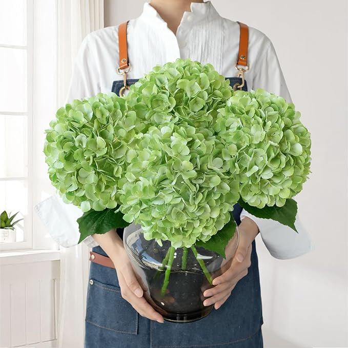 Green Hydrangea Artificial Flowers, 4Pcs 22" Large Lifelike Faux Silk Flowers, Full Artificial Hy... | Amazon (US)