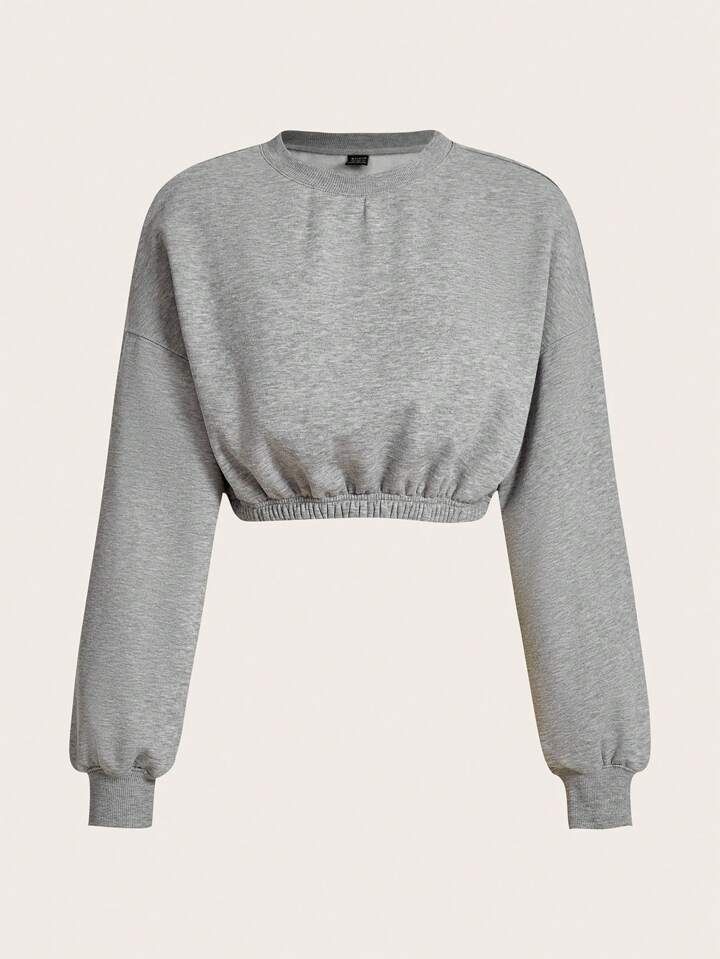 SHEIN BASICS Solid Drop Shoulder Crop Sweatshirt | SHEIN
