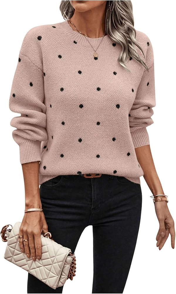 MakeMeChic Women's Polka Dots Sweaters Long Sleeve Round Neck Knitted Pullover Tops | Amazon (US)