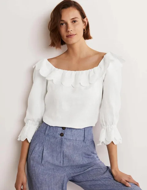 Square Neck Frill Linen Blouse | Boden (US)
