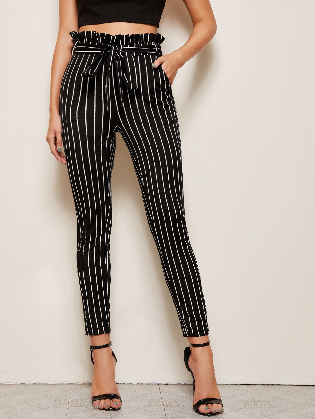 SHEIN Paperbag Waist Belted Striped Pants | SHEIN