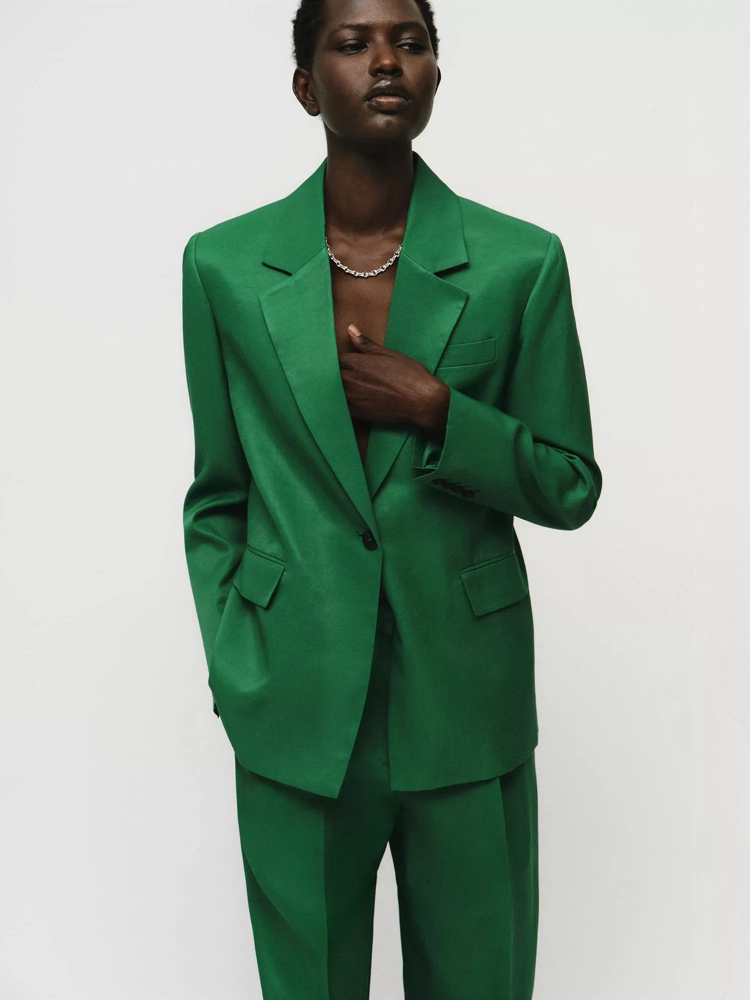 Mango Otero Satin Finish Blazer, Bright Green | John Lewis (UK)