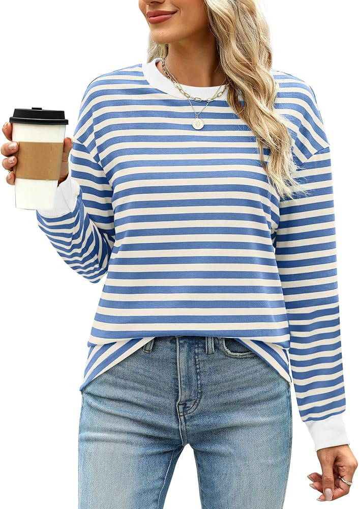 WIHOLL Womens Tunic Tops Long Sleeve Striped Shirts Crewneck Tops | Amazon (US)