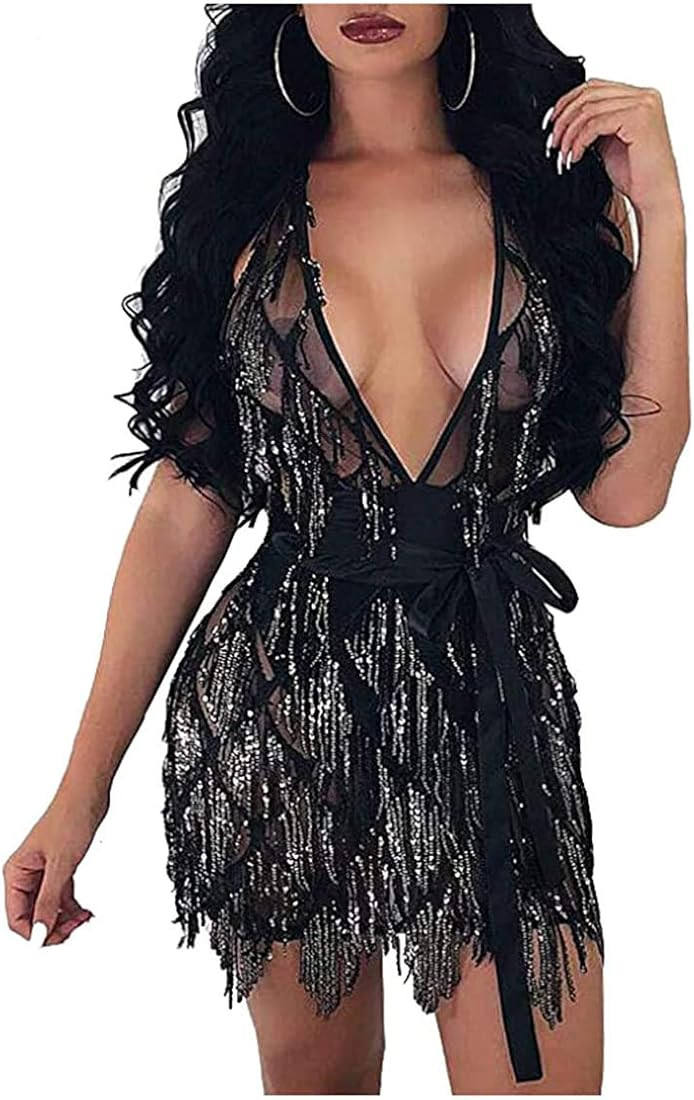 L'VOW Women's Glitter Sexy Deep V Neck Sequin Beaded Halter Bodycon Mini Nightclub Party Dress | Amazon (US)