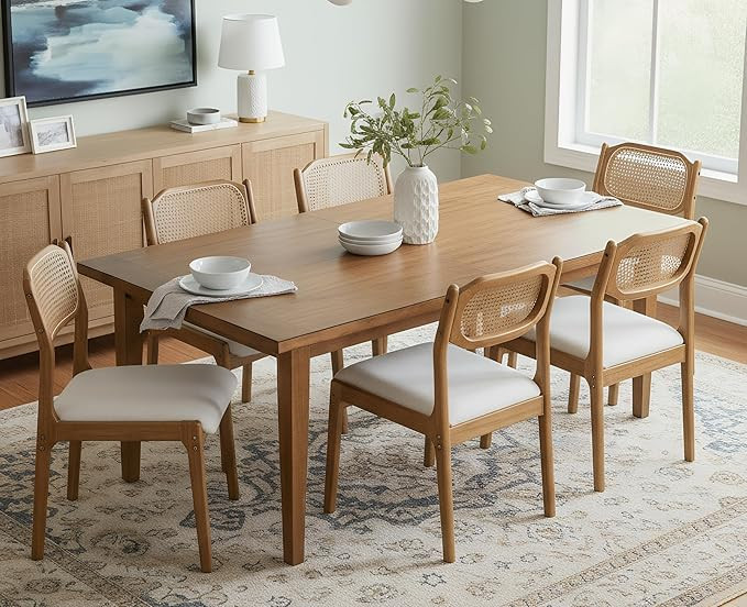 EALSON Mid Century Dining Chairs Set of 6, Beige Fabric Linen Upholstered Seater with Rattan Back... | Amazon (US)