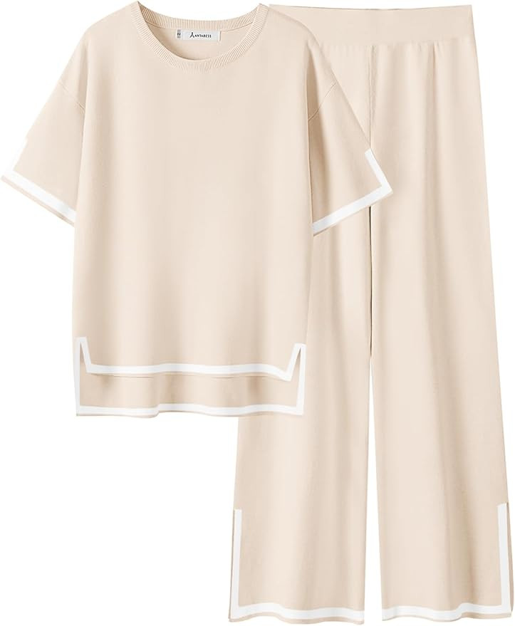 ANRABESS Two Piece Outfits for Women Knit Sweater Sets 2024 Summer Fashion Short Sleeve Tops Knit... | Amazon (US)