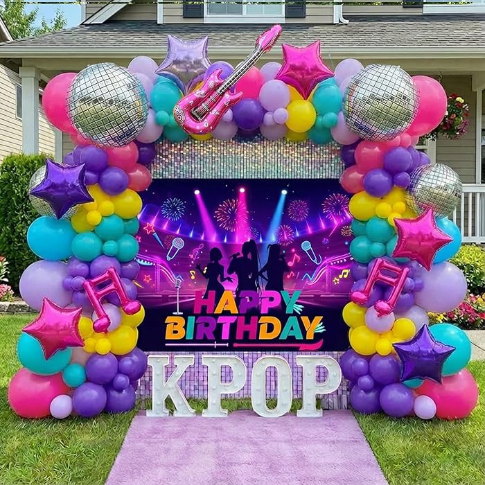 Purple pink teal kpop theme Balloon Arch Garland Kit with backdrop Musical symbols Disco Star myl... | Amazon (US)