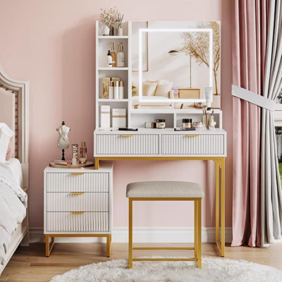 Gold Vanity Makeup Desk, Vanity Set with Mirror and 3-Mode Lights, 5 Drawers Vanity Table with Removable Side Storage Cabinet, Stool for Bedroom | Target