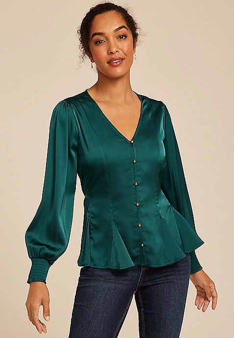 Teal Satin Peplum Blouse | Maurices