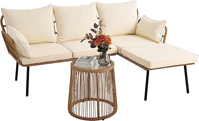 YITAHOME L-Shaped Patio Sofa, All-Weather Wicker Patio Conversation Set with Tempered Glass Table... | Amazon (US)