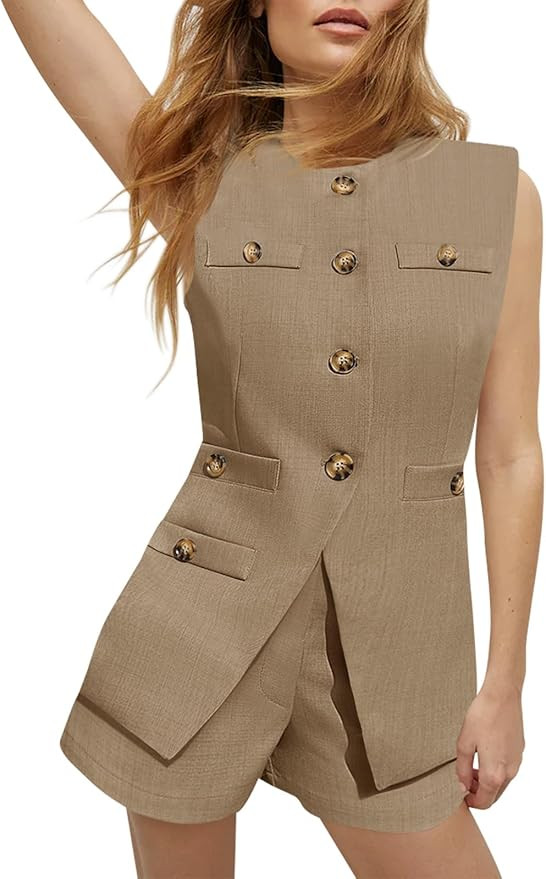 Tankaneo Womens 2 Piece Outfits Casual Suit Sets Sleeveless Button Down Blazer Vest Shorts Office... | Amazon (US)