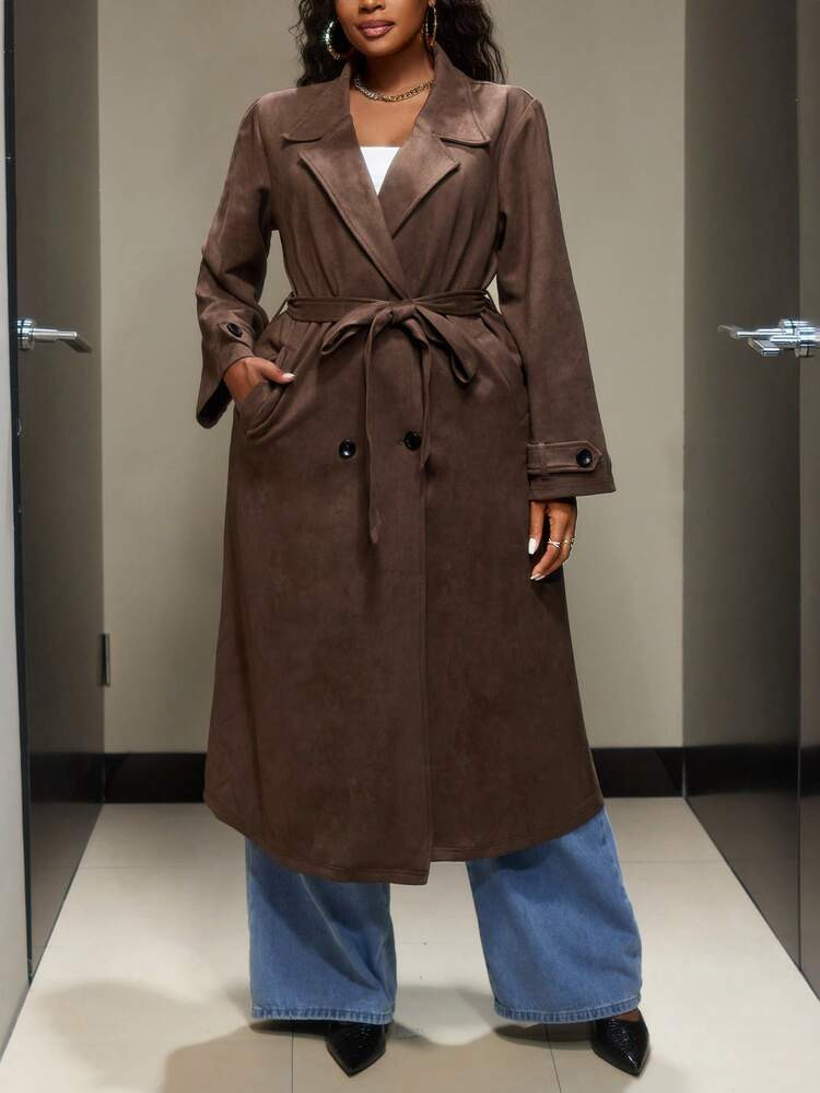 Truni __theloveshegives Plus Size Women's Lapel Neck Long Sleeve Elegant Long Trench Coat In Fall/Winter, For Pear Triangle Body Shape | SHEIN