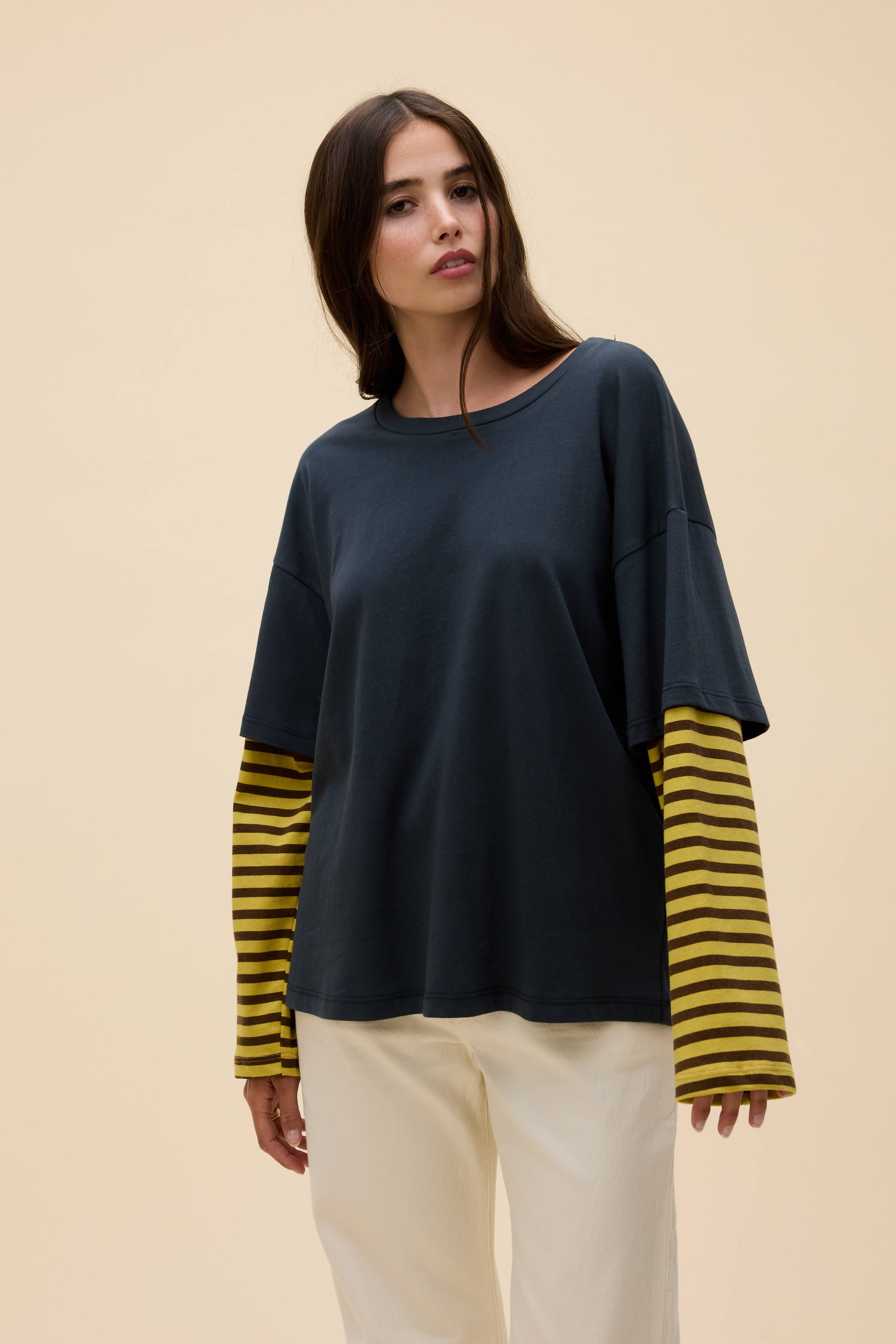 Stripe Twofer Long Sleeve in Black & Yellow | 100% Cotton T-Shirt in Vintage Black Combo | Daydreamer