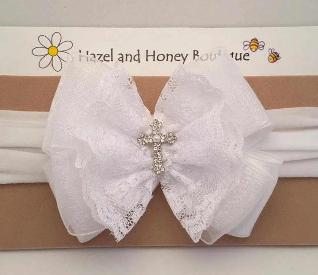 White Lace Baptism Headband with Cross | Etsy (US)