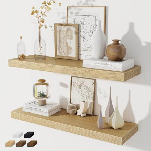 Fun Memories Floating Shelves for Wall, 32W x 8D Floating Wall Shelves with Invisible Brackets Set of 2, Hanging Rustic Wood Shelf Decoration for Bedroom, Bathroom, Living Room and Kitchen, Oak | Amazon (US)