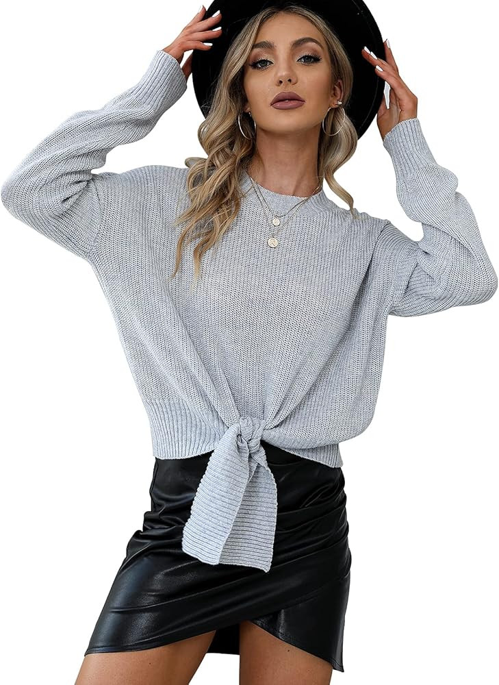 EXLURA Women's Tie Front Sweater Long Sleeve Crew Neck Knit Ribbed Pullover Waist Knot Front Casu... | Amazon (US)