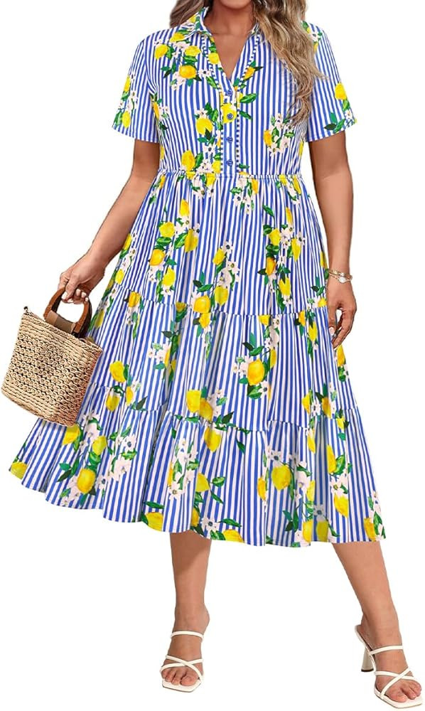 Plus Size Dresses for Curvy Women Collared Vneck Short Sleeve Dresses Midi Summer Ruffle Dress wi... | Amazon (US)