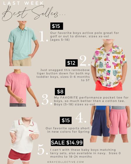 Last weeks best sellers and most purchased items from my links for boys.
1. My favorite performance golf polo for boys.
2. The $8 reindeer tiger shirt for toddler boys.
3. Best performance pocket tee for boys
4. My boys favorite active shirt
5. The cutest matching terry short and top sets for toddler boys. 

#boys #boysoutfits #toddlerbous #boysactivewear #springoutfits #targetkids #oldnavykids

#LTKKids #LTKSeasonal #LTKFindsUnder50