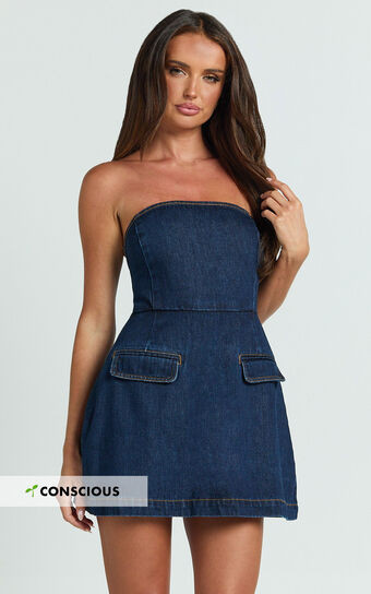 Hannah Playsuit - Denim Strapless A Line Playsuit in Indigo Wash | Showpo (US, UK & Europe)