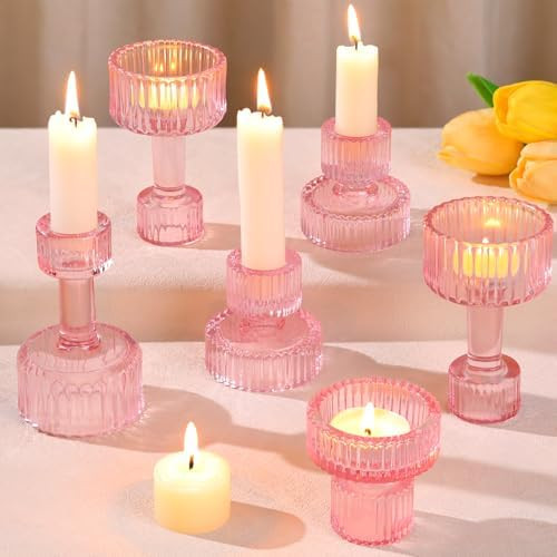 Candlestick Holders Bulk, 6 Pcs Pink Combination Candle Holders Set, Crystal Candle Holders for W... | Amazon (US)