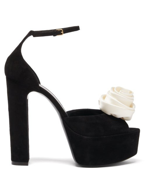 Saint Laurent - Jodie Rose-embellished Suede Platform Sandals - Womens - Black White | Matches (US)