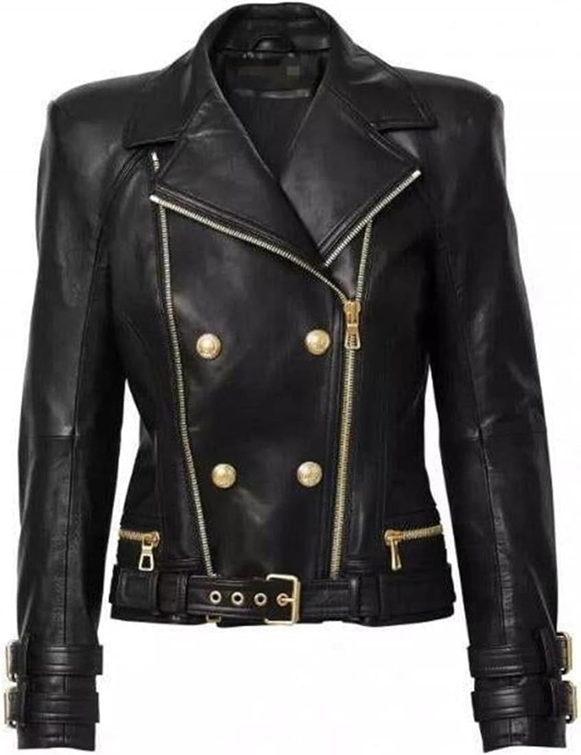 JACKETZONE Womens Brando Black Faux Belted Leather Moto Jacket With Gold Button | Amazon (US)