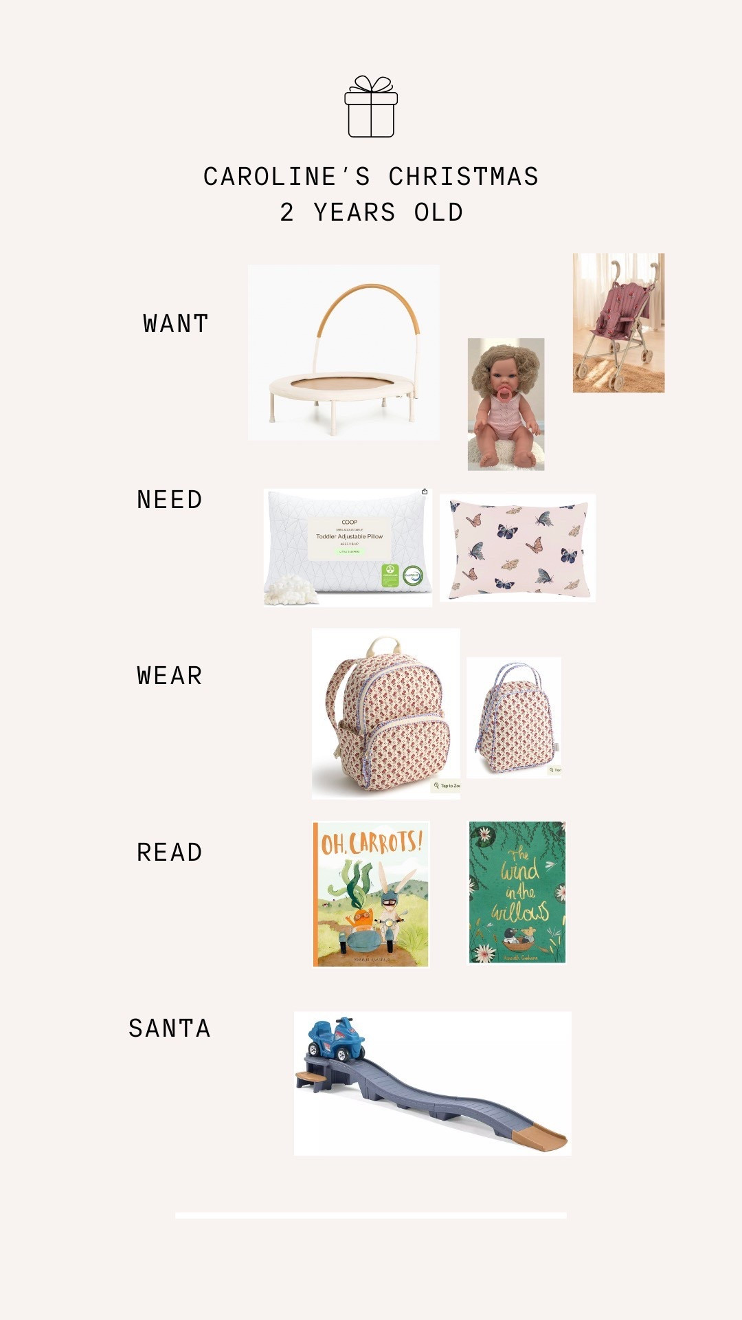 Gifts we’re purchasing for our 2 year old daughter. We do WANT, NEED, WEAR, READ, & SANTA  

#LTKSeasonal #LTKSaleAlert #LTKKids