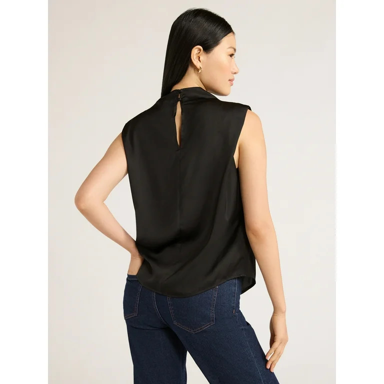 Scoop Women’s Sleeveless Mock Neck Pleated Shoulder Blouse, Sizes XS-XXL | Walmart (US)