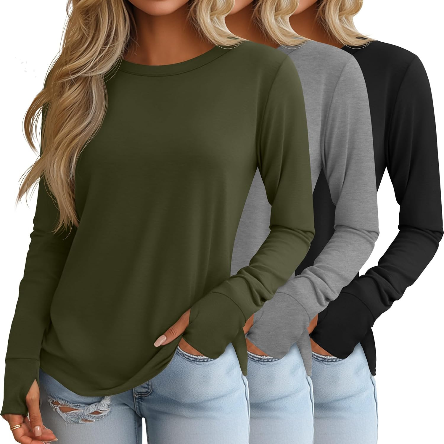 3 Pack Womens Long Sleeve Cotton Shirts with Thumb Holes | Amazon (US)
